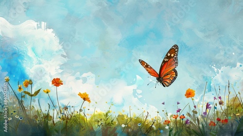 Artistic watercolor painting drawing of beautiful butterfly flying over flower fields