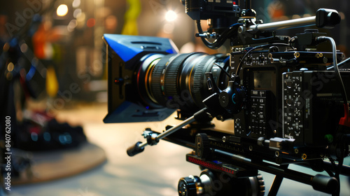 Close-up of an advanced camera rig with a large lens and accessories attached  set up in a studio ready for a professional film shoot.