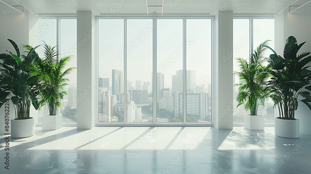 Fototapeta premium Large glass windows in a modern office with indoor plants, white walls and floors, minimalist interior design, very nice and clean, large panoramic windows with views of the dense city skyline