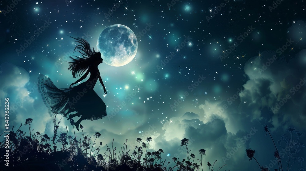 Obraz premium Flying fairy silhouette in night sky