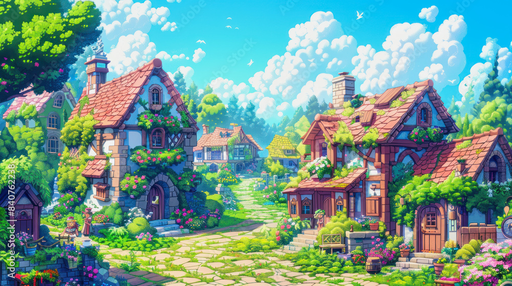 Fototapeta premium illustration of a small cute village in pixel art style