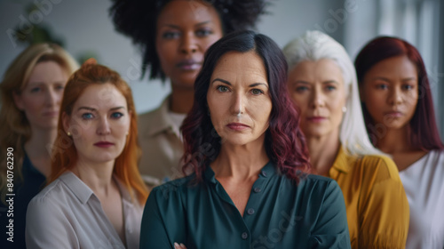 A group of women stands determinedly, reflecting unity and empowerment in a bright, professional setting, reinforcing the strength of diversity and solidarity.