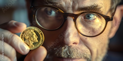 Man with glasses examines gold coin showing interest in numismatics. Concept Numismatics, Gold Coins, Collector, Rare Currency, Historical Artifacts photo