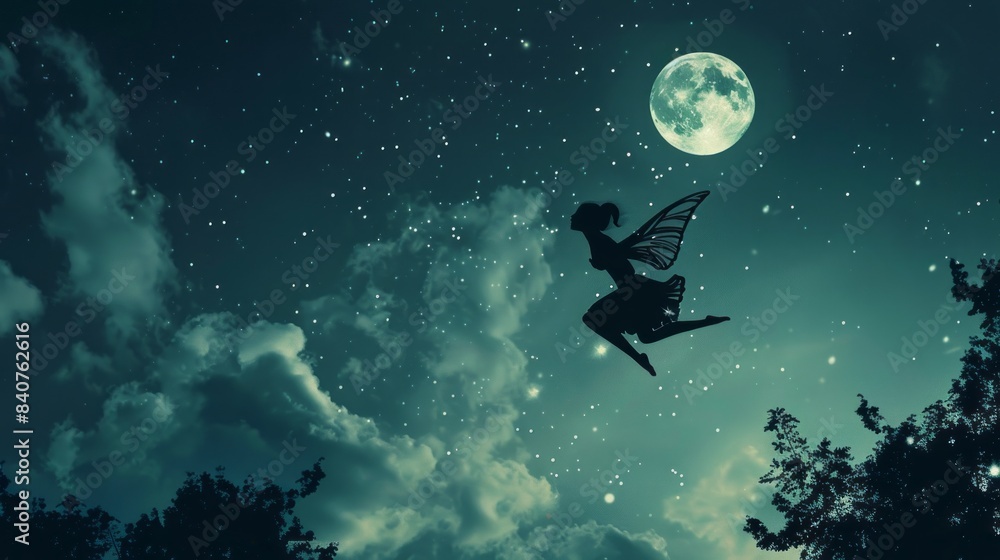 Fototapeta premium Flying fairy silhouette in night sky