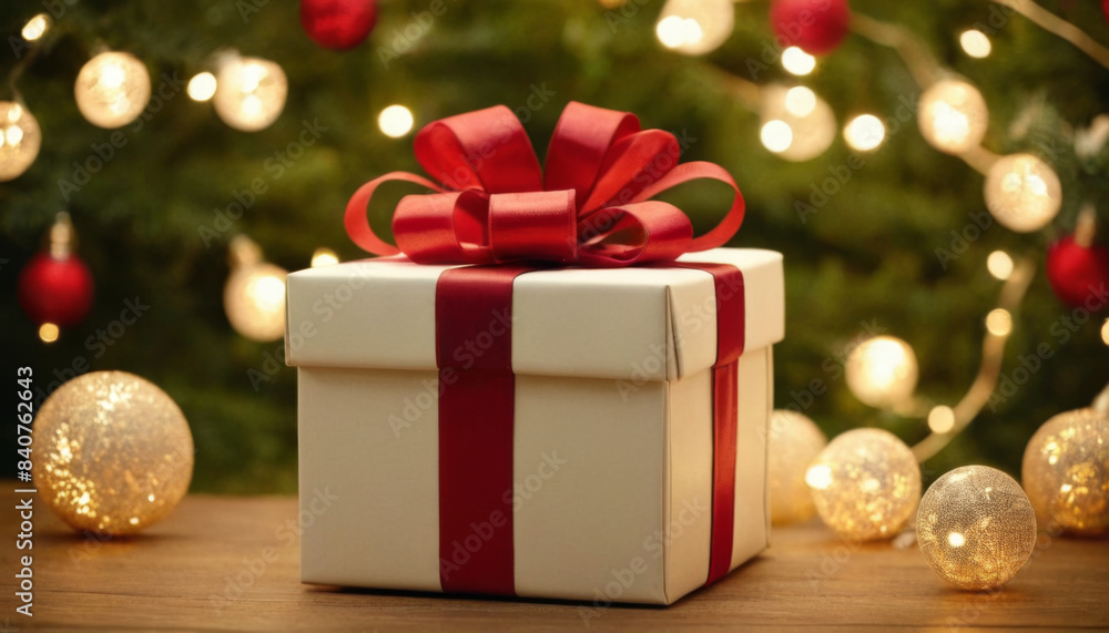 A white gift box with a red bow sits in front of a Christmas tree with twinkling lights A white gift box with a red bow sits in front of a Christmas tree with twinkling lights