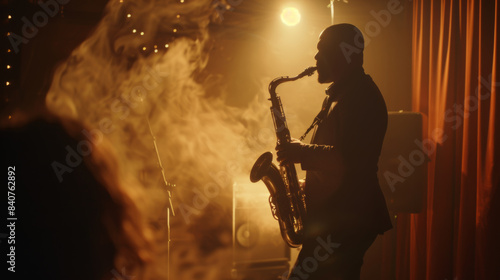 A silhouetted saxophonist plays passionately in a smoky jazz club  bathed in golden stage lighting  creating an evocative  nostalgic scene.