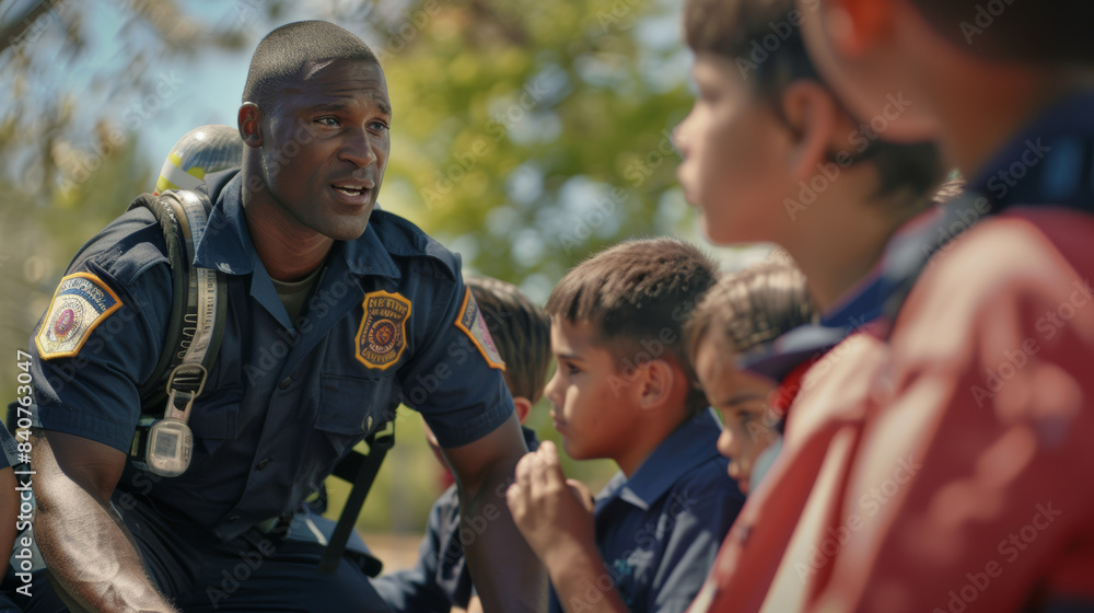 A firefighter in gear engages with curious children, fostering a sense of safety and community connection under sunny skies. A firefighter in gear engages with curious children, fostering a sense of safety and community connection under sunny skies.