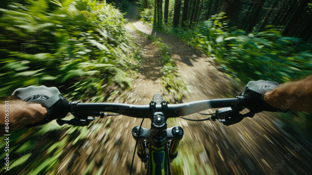 A point-of-view shot captures the exhilarating rush of mountain biking down a forest trail, with blurred greenery adding to the sense of speed and thrill. A point-of-view shot captures the exhilarating rush of mountain biking down a forest trail, with blurred greenery adding to the sense of speed and thrill.