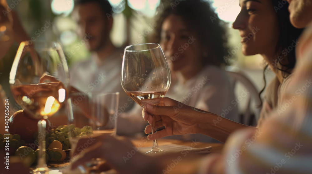 A festive gathering of friends, enjoying wine and laughter around a table filled with food, capturing conviviality and warmth. A festive gathering of friends, enjoying wine and laughter around a table filled with food, capturing conviviality and warmth.