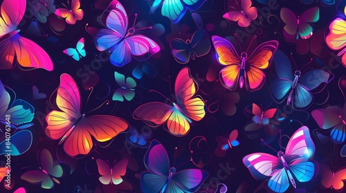 Abstract seamless background of illuminating shinning glowing beautiful butterflies over dark background.