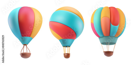 Hotair baloon romantic festival 3d vector illustration. Round bright sky travel aerostat. Gas inflated striped flight air balloon rising up. Cartoon dreamy adventure concept. Red blue yellow airship.