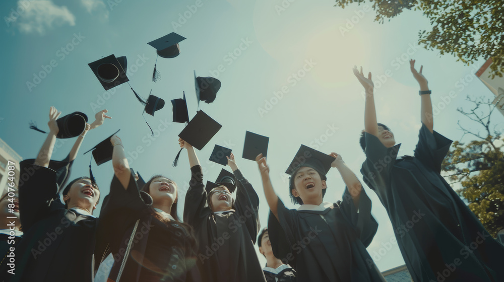 Obraz premium A group of graduates in caps and gowns throw their hats into the air, celebrating completion and new beginnings under a clear blue sky.