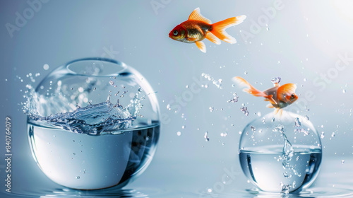 Two goldfish leap from one water bowl to another, symbolizing ambition, risk-taking, and breaking free from constraints in a visually striking underwater scene.
