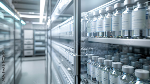 Rows of vaccine vials neatly arranged in a high-tech refrigeration unit showcase the precision and vital role of modern medicine and health preservation. © VK Studio