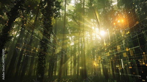 Harmonious of Nature and Digital Visualization in a Lush Forest Setting:A captivating digital artwork showcasing the blend of organic elements and technological data in a serene,verdant landscape.