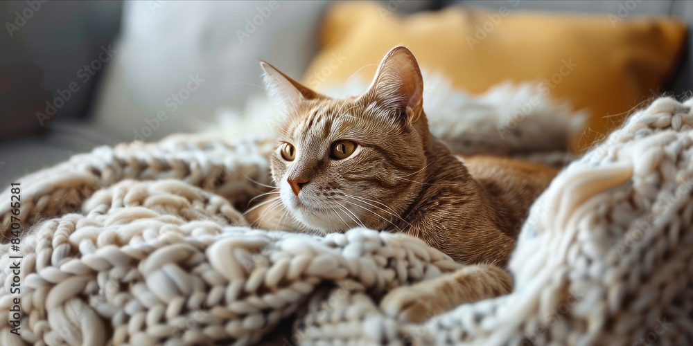 Cosy concept of a funny kitty in a warm bed on a knitted woollen blanket Cosy concept of a funny kitty in a warm bed on a knitted woollen blanket