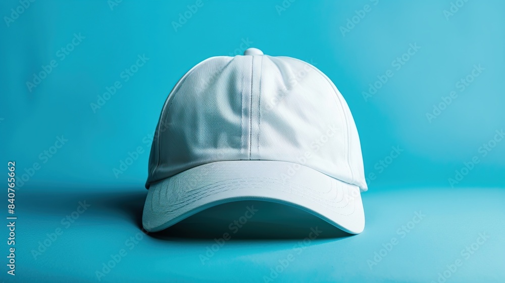 A trendy white sports hat isolated in a blue background. Copy space for add text. A trendy white sports hat isolated in a blue background. Copy space for add text.