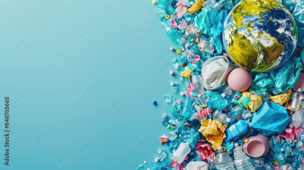 Globe surrounded by plastic waste on blue Globe surrounded by plastic waste on blue