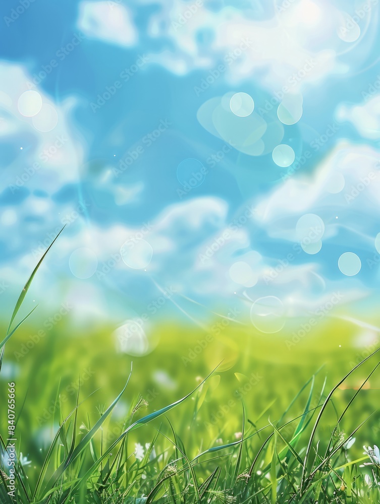 Fototapeta premium Summer sunny background with blue sky and green meadow. hyper realistic 