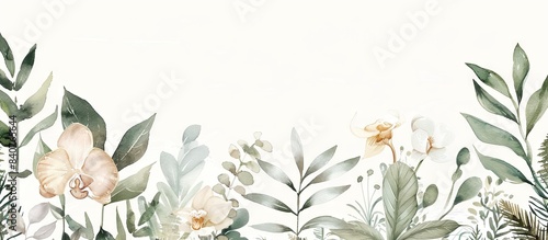 Illustration of tropical wallpaper print design with palm banana leaves and birds on canvas texture. Tropical plants and birds on textured background. AI generated illustration