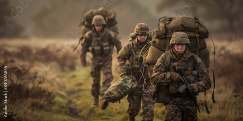 Soldiers marching through the field