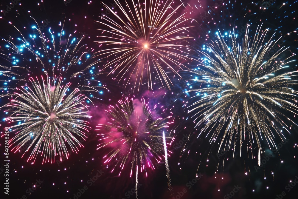 Naklejka premium Colorful, vibrant fireworks display., Vector design featuring a mesmerizing display of fireworks against a deep black sky