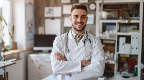 Confident Young Male Eastern European Doctor in Modern Medical Office, Healthcare Professional, Stethoscope, Hospital Environment