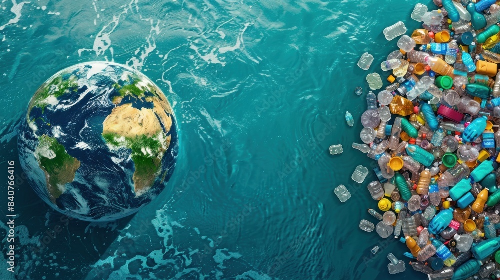 Fototapeta premium Earth engulfed by plastic waste in water