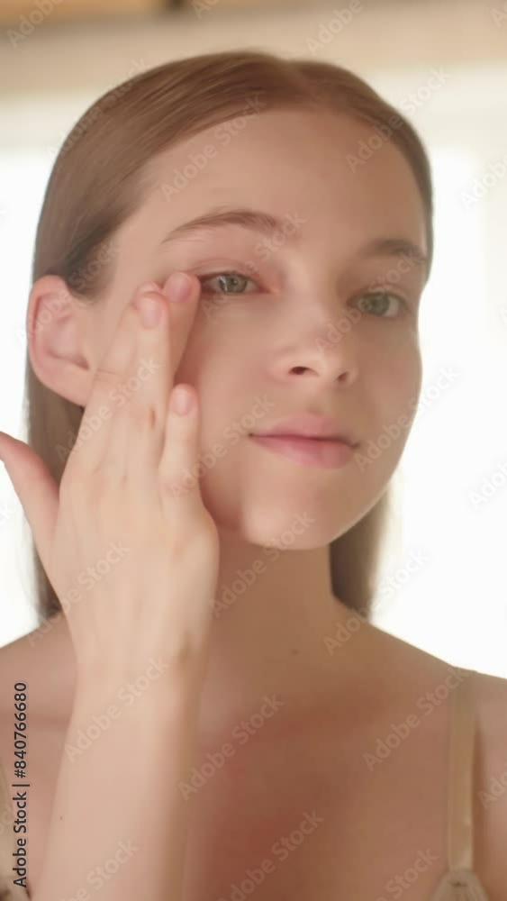 Vertical video. Young woman applying makeup foundation looking in the mirror. Young adult woman with blonde hair making her skin soft and clean with a natural skin care cosmetic Slow motion Beauty ads
