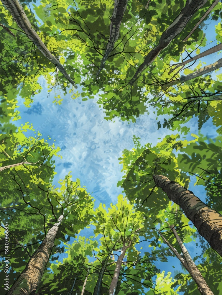 Fototapeta premium Trees in forest from below, green tops of trees, blue sky background hyper realistic 