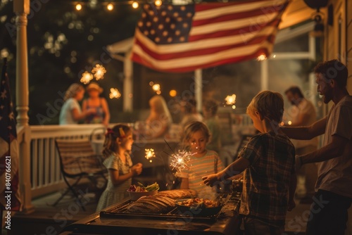 Patriotic Backyard Barbecue Celebration with Family and Sparklers