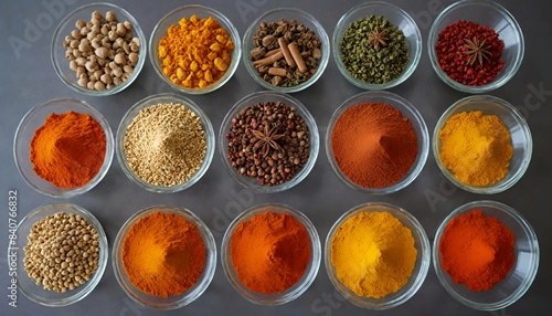 An array of various spices in glass bowls  isolated on a white background