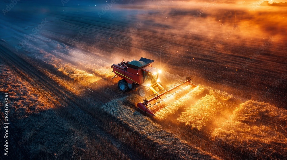 Combine harvester machine working in wheat field farm land at night. Combine harvester machine working in wheat field farm land at night.