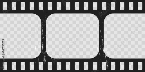 Old cinematic frame, video film strip. Retro vintage tape empty template with slide. Tape border, grunge textured silhuette. Video photo reel on transparent background 