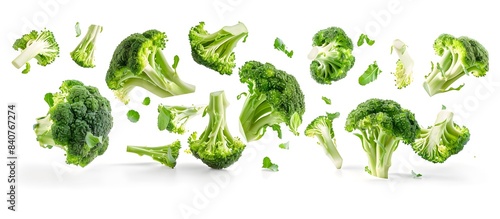 Falling bright green broccoli florets on white background