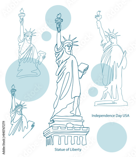 Hand drawn continuous one line drawing of statue of liberty on a white background. Linear stylized. American symbol of Independence day. 