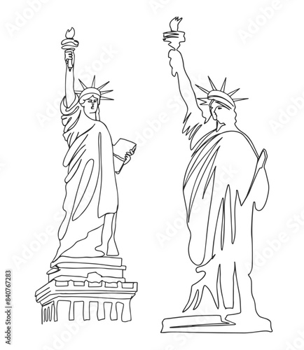 Hand drawn continuous one line drawing of statue of liberty on a white background. Linear stylized. American symbol of Independence day. 