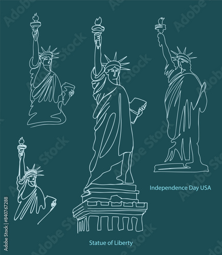 Hand drawn continuous one line drawing of statue of liberty on a dark background. Linear stylized. American symbol of Independence day. 