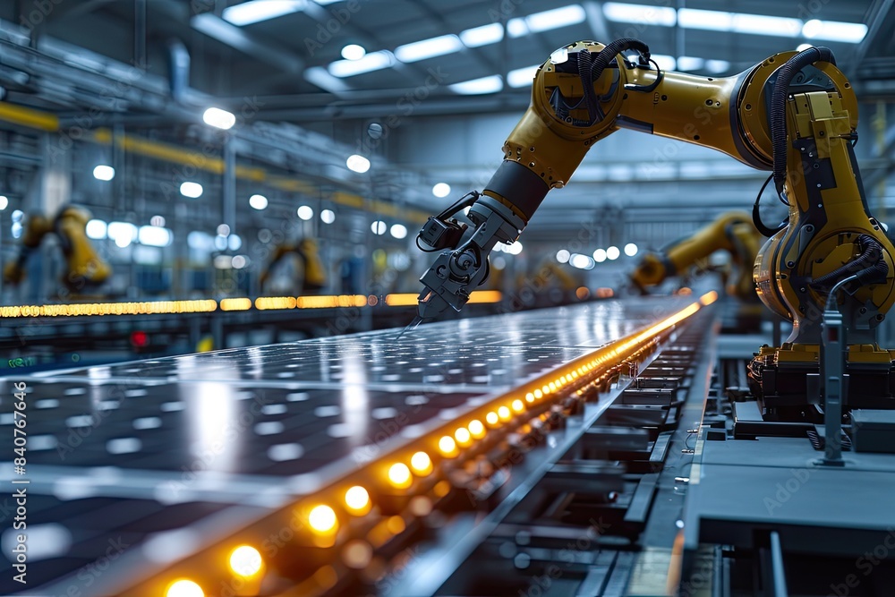 Automation factory with robot assembly line produce solar panels, industry 4.0 Automation factory with robot assembly line produce solar panels, industry 4.0