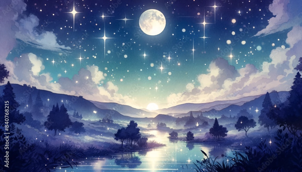 Fototapeta premium An enchanting anime night scene with a watercolor starry sky, the twinkling stars and gentle moonlight creata a peaceful atmosphere
