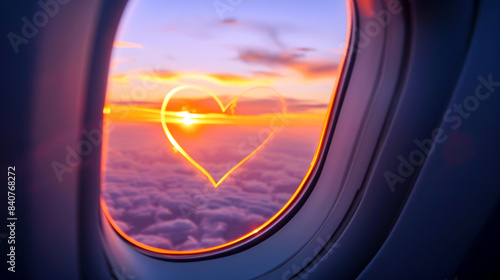 Heart on the airplane window. Love travel concept. Romantic trip. Beautiful sunset landscape
