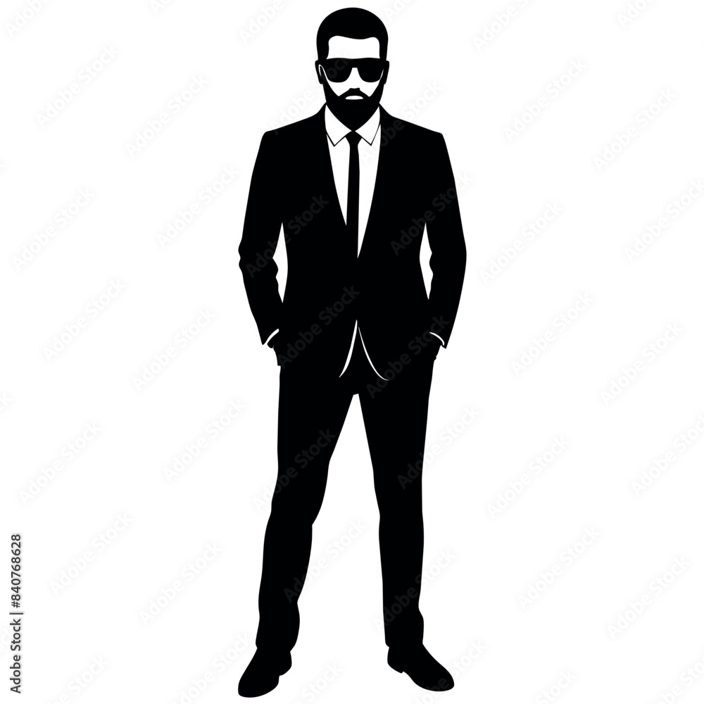 A business man stand with sun glass vector silhouette, isolated white background A business man stand with sun glass vector silhouette, isolated white background