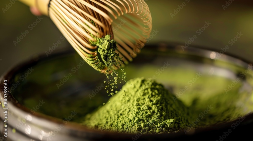 A close-up of vibrant green matcha powder being sifted into a bowl A close-up of vibrant green matcha powder being sifted into a bowl