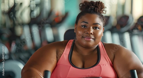 Beautiful Plus Size Woman in Sportswear on an Exercise Bike in the Gym: Embracing Body Positivity and Wellness
 photo