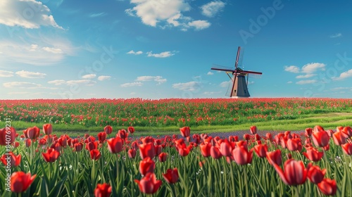 Beautiful colorful tulip field and traditional windmill in country side.