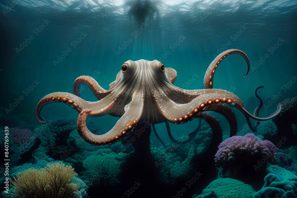 Un pulpo en un mar cristalino iluminado por rayos de luz solar Un pulpo en un mar cristalino iluminado por rayos de luz solar