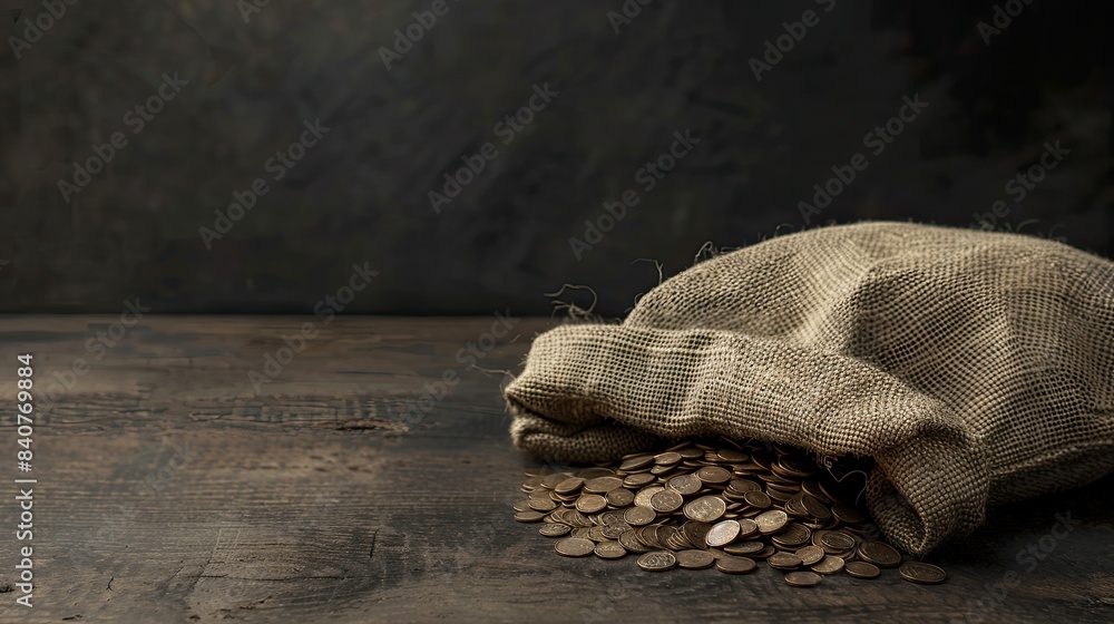 Burlap bag with silver coins on a wooden table background, copy space for text, banner design. Burlap bag with silver coins on a wooden table background, copy space for text, banner design.
