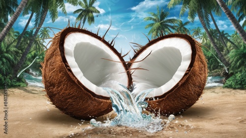 A split coconut, from which water pours onto the sandy soil. The coconut half reveals a white core covered with a thick fibrous layer. In the background is a tropical paradise with tall palm trees.