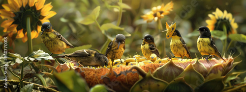 A group of birds, including the greattit and blue Doughboy bird species, gathered around an open sunflower seed pod on top of their garden table to eat seeds photo