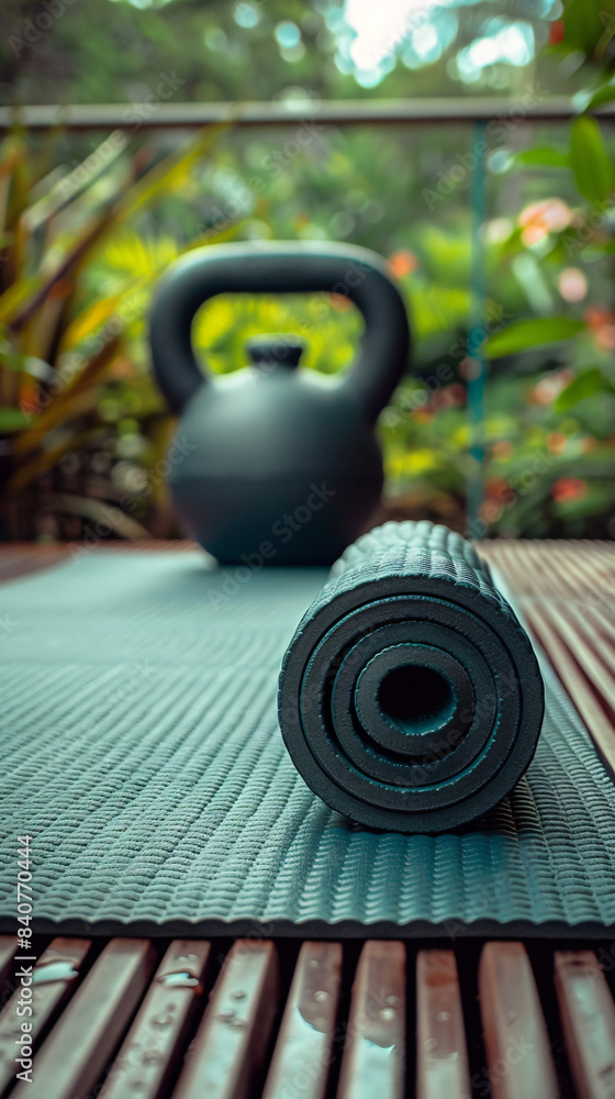 Fototapeta premium Close-Up Shot of Yoga Mat, Dumbbell, and Kettlebell